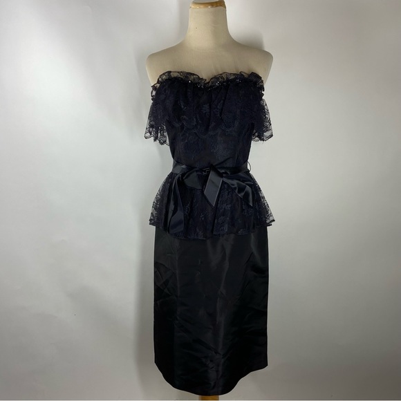 Vintage Jolie Madame Size 5/6 Small? Strapless Dress Floral Lace Black Sequin - Picture 2 of 11